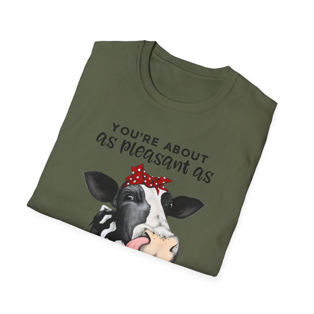 Cow Graphic Tee — "You’re About as Pleasant as an Itchy Butthole" Funny Novelty T‑Shirt