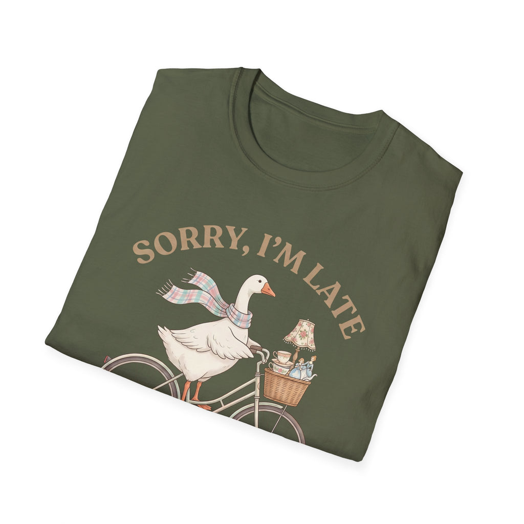 Thrifting Goose T‑Shirt — "Sorry I'm Late I Was Busy Thrifting" Vintage Bike Design