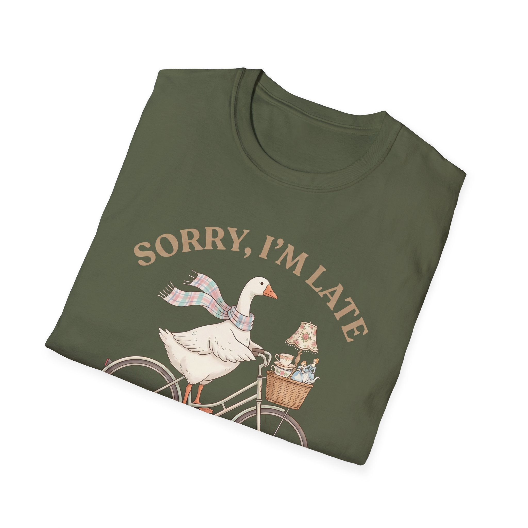 Thrifting Goose T‑Shirt — "Sorry I'm Late I Was Busy Thrifting" Vintage Bike Design