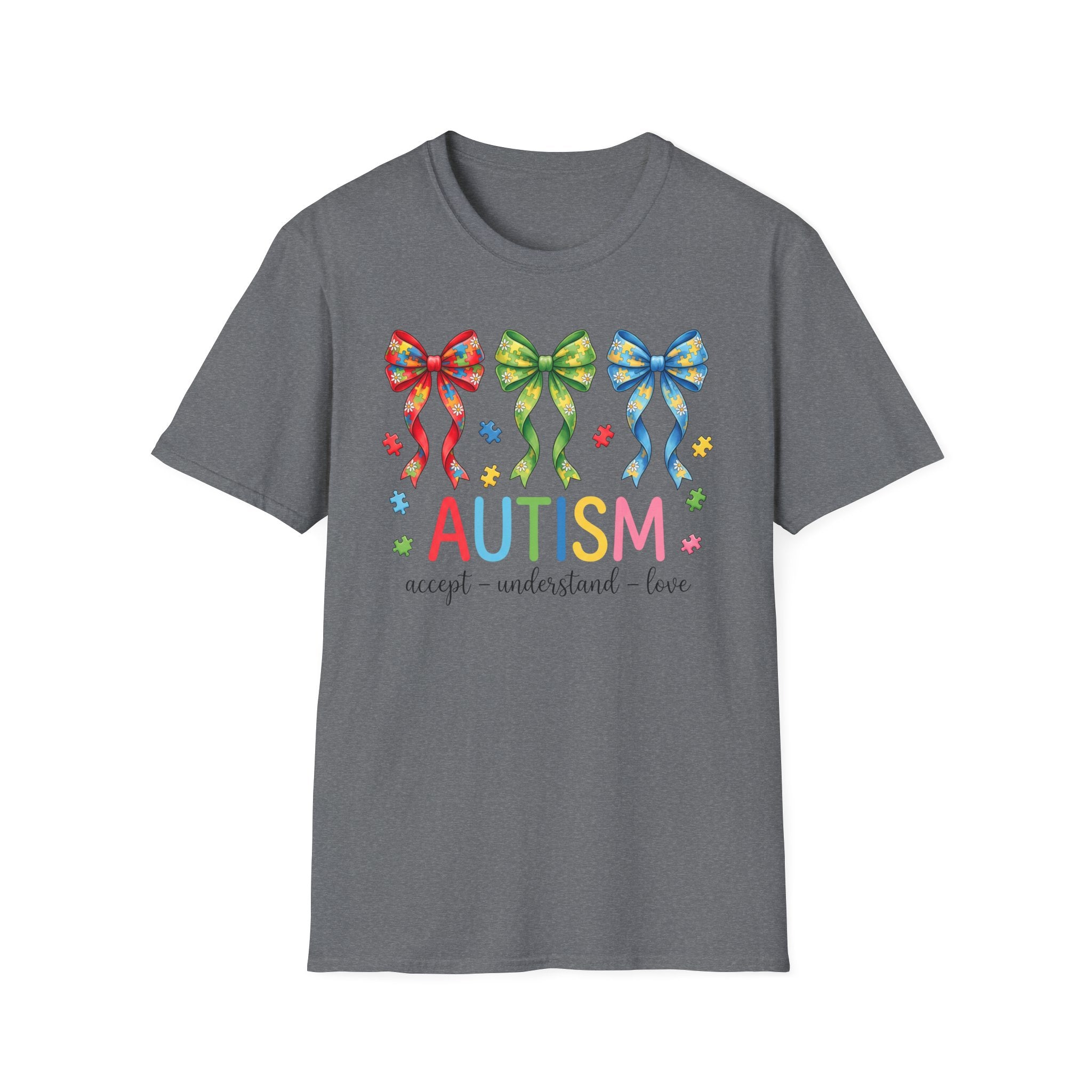 Autism Awareness T-Shirt — "Autism: Accept • Understand • Love" with Colorful Ribbon Bows