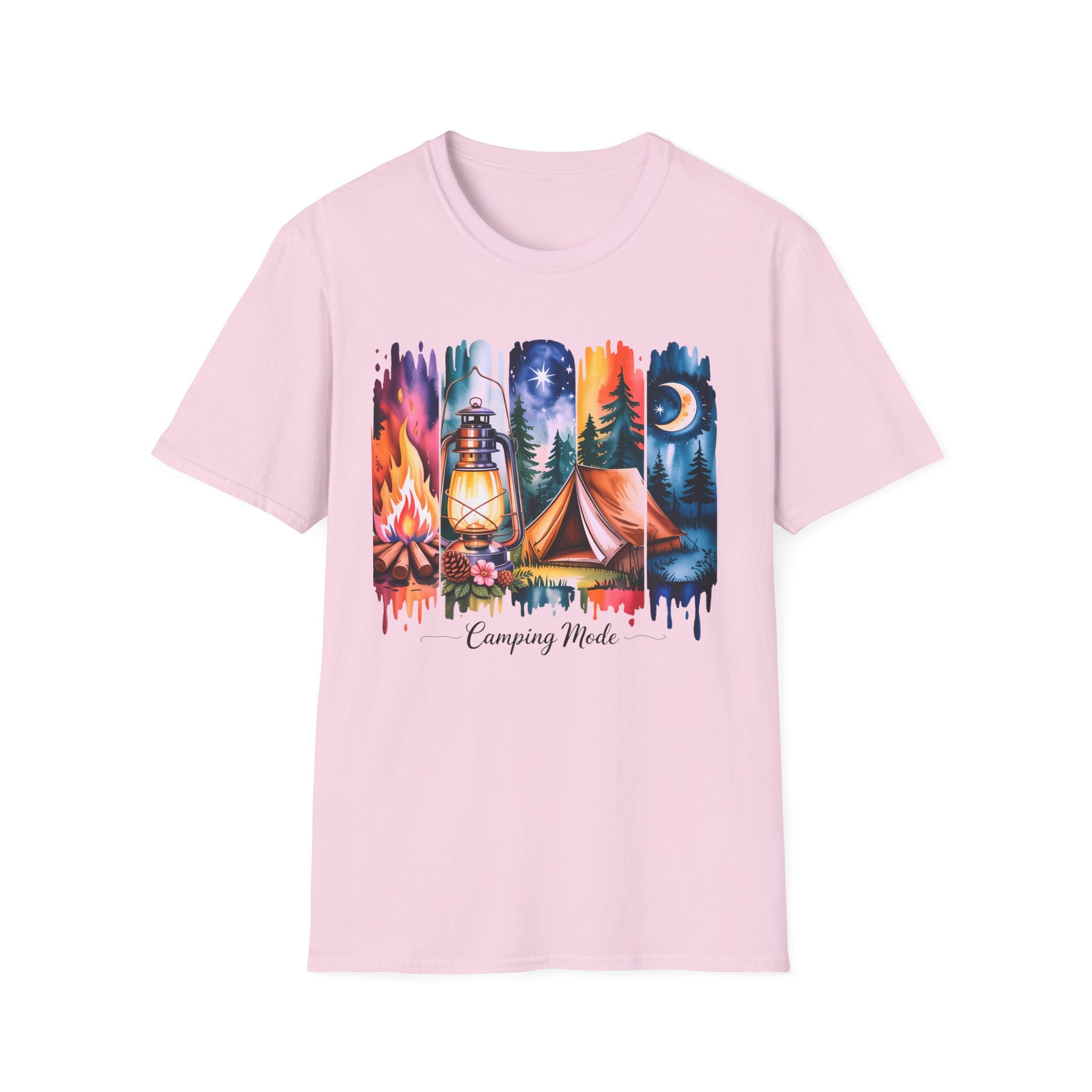 Camping Mode T-Shirt — Watercolor Campfire Lantern Tent Graphic Tee