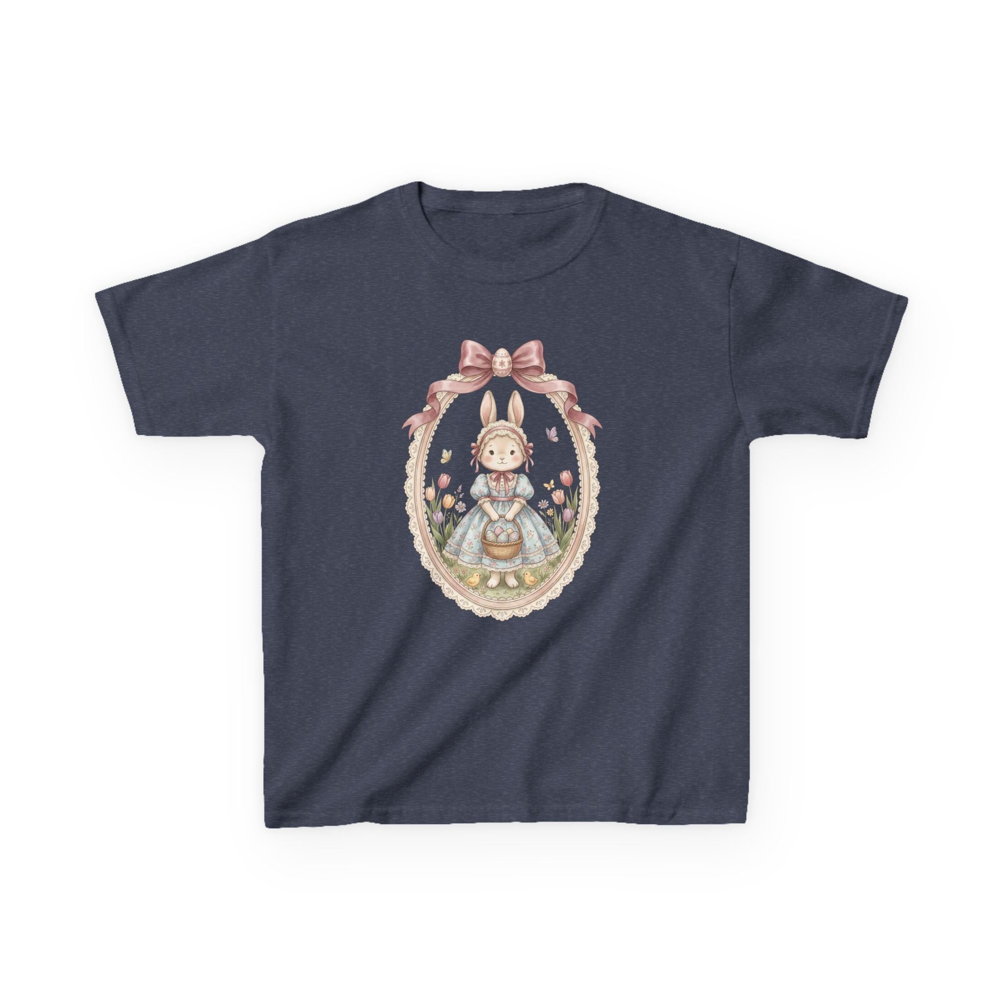 Kids T-Shirt — Vintage Bunny Girl Oval Portrait Tee (Pastel Floral, Bow Accent)