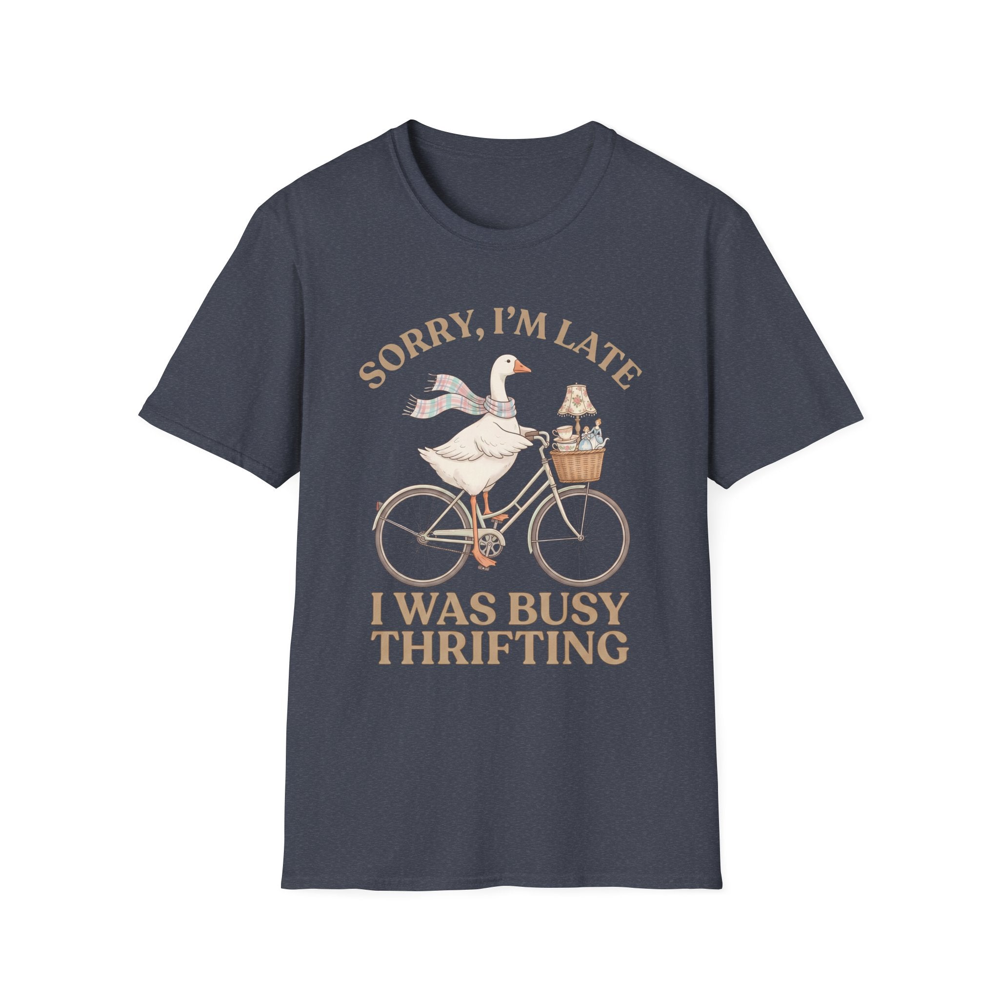 Thrifting Goose T‑Shirt — "Sorry I'm Late I Was Busy Thrifting" Vintage Bike Design