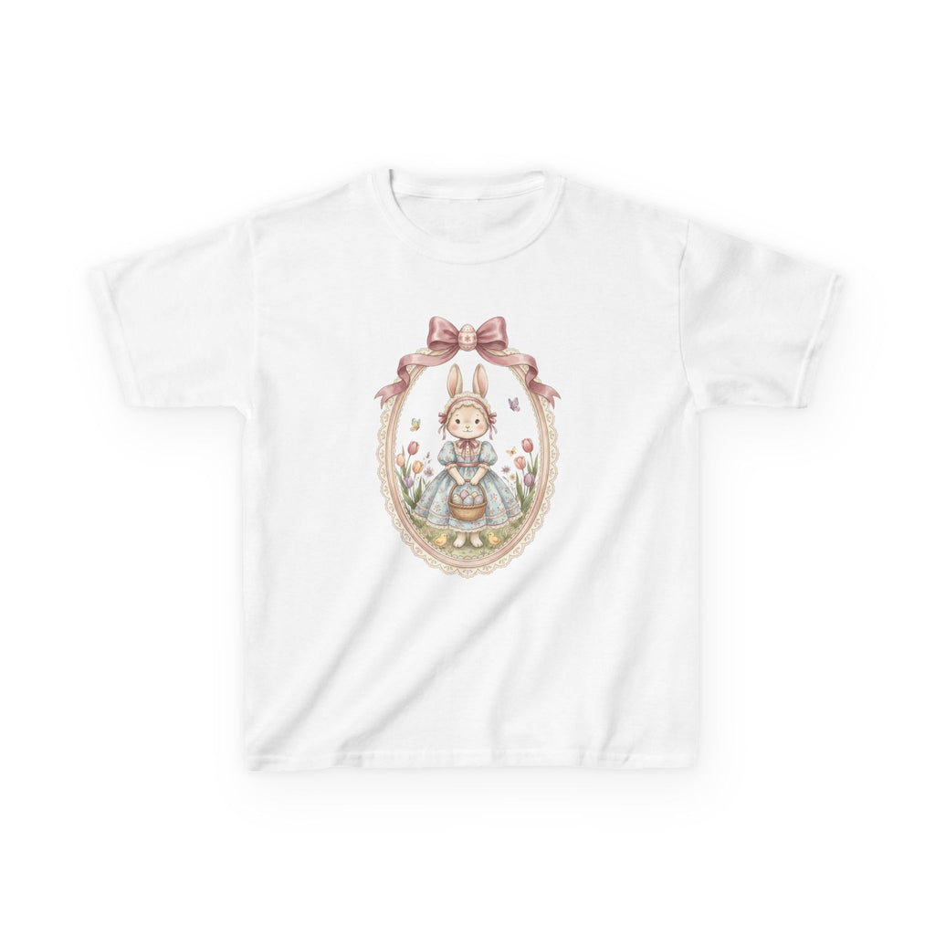 Kids T-Shirt — Vintage Bunny Girl Oval Portrait Tee (Pastel Floral, Bow Accent)