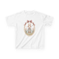 Kids T-Shirt — Vintage Bunny Girl Oval Portrait Tee (Pastel Floral, Bow Accent)
