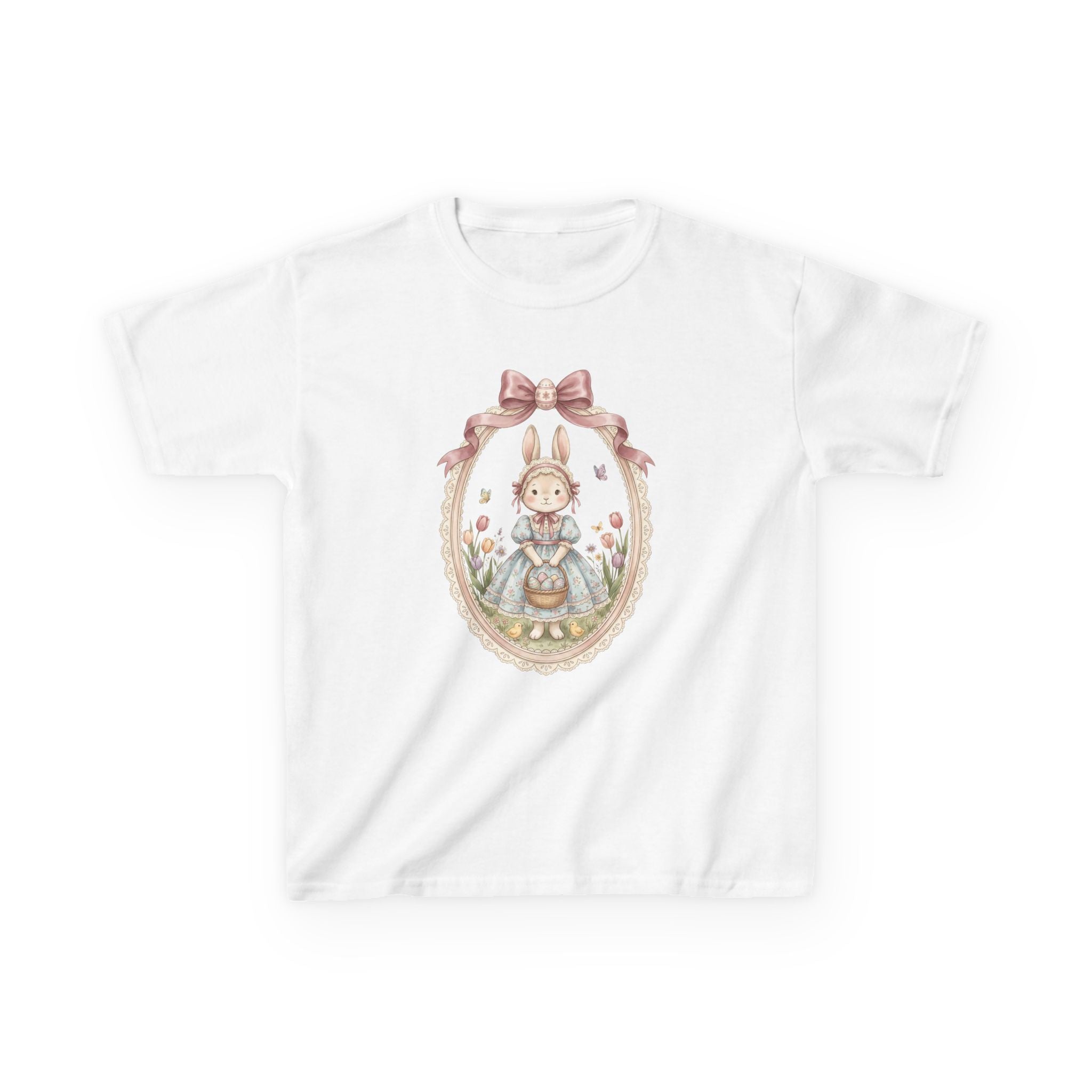 Kids T-Shirt — Vintage Bunny Girl Oval Portrait Tee (Pastel Floral, Bow Accent)