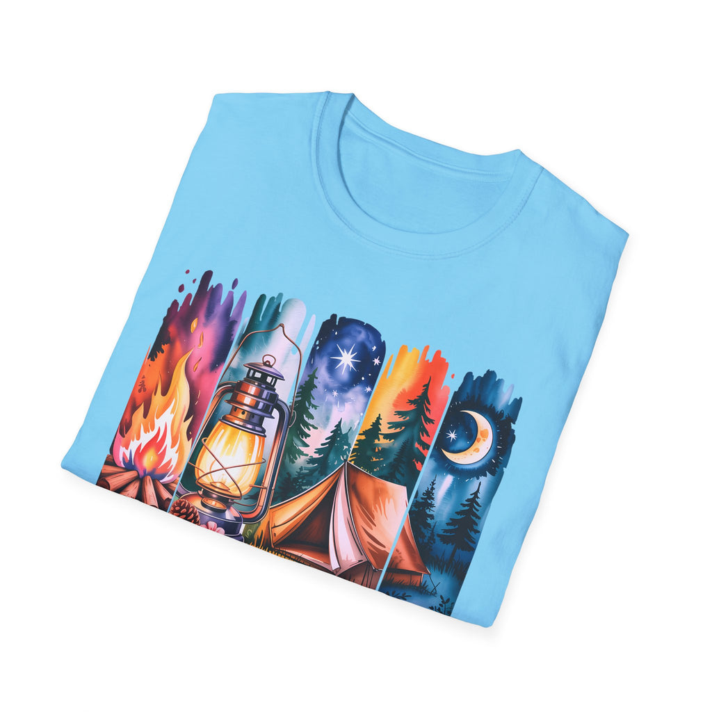 Camping Mode T-Shirt — Watercolor Campfire Lantern Tent Graphic Tee