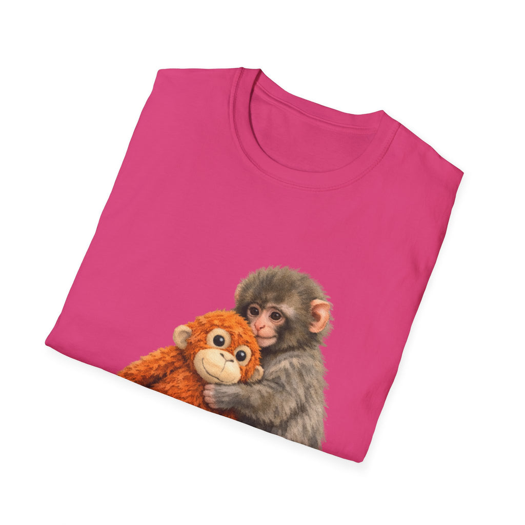Chimpanzee with Stuffed Monkey T‑Shirt — Cute Baby Ape Holding Plush Tee