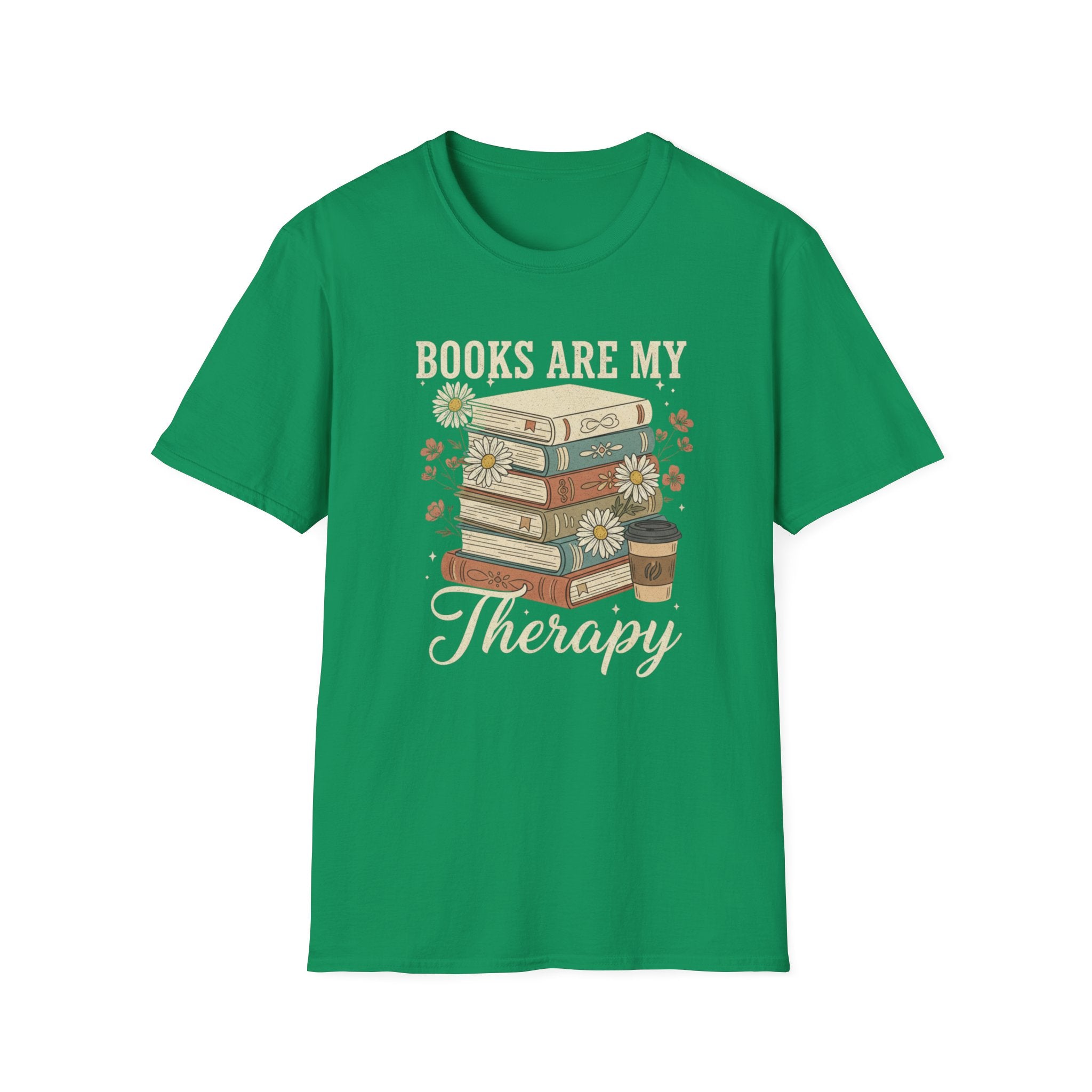 Books Are My Therapy T-Shirt — Stack of Books & Coffee Literary Tee