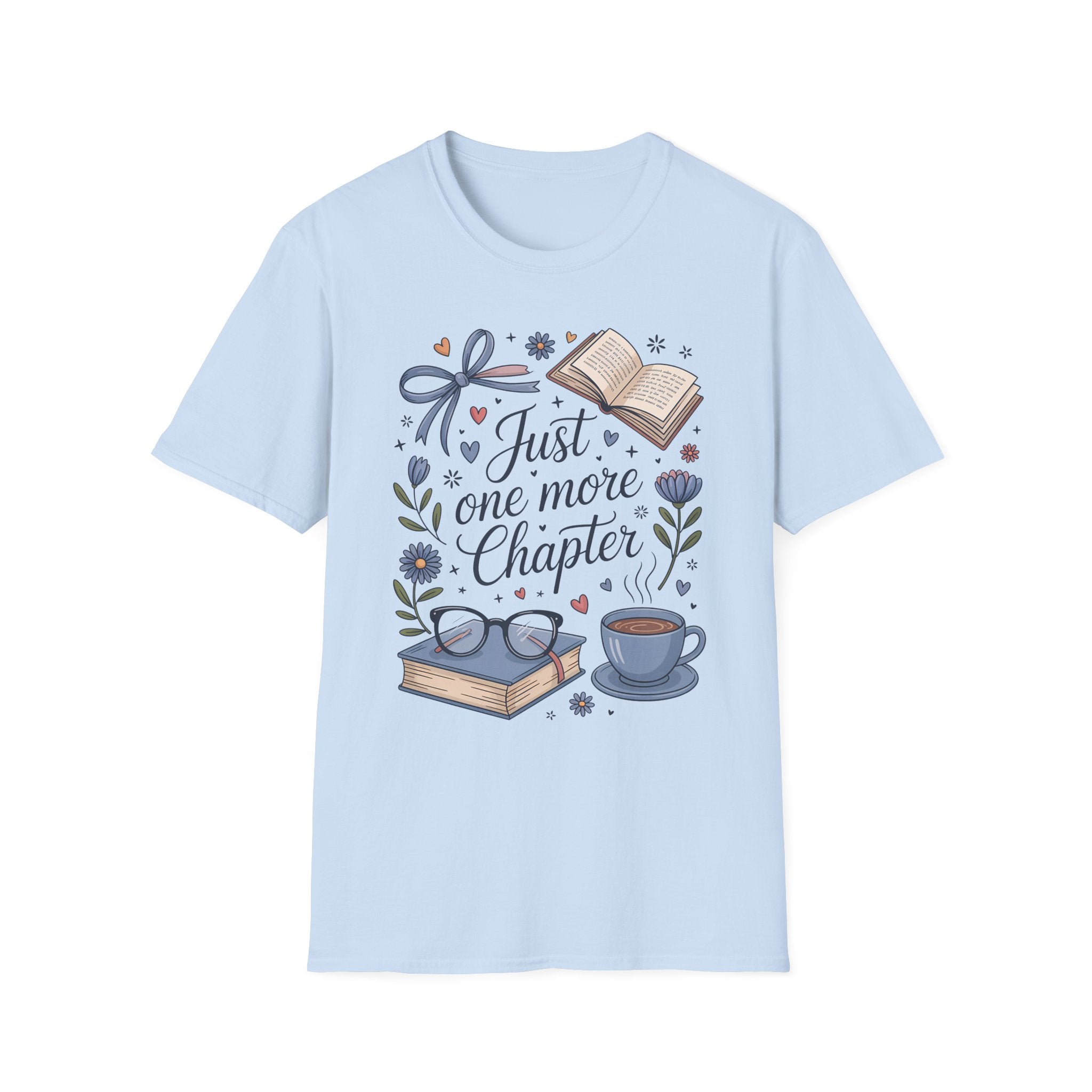 T-Shirt — "Just One More Chapter" Book Lover Tee with Glasses & Coffee