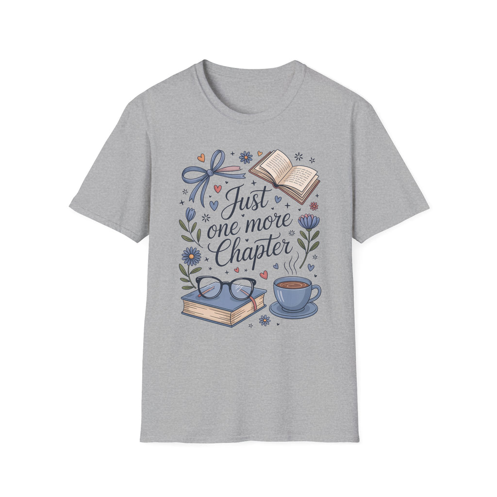 T-Shirt — "Just One More Chapter" Book Lover Tee with Glasses & Coffee