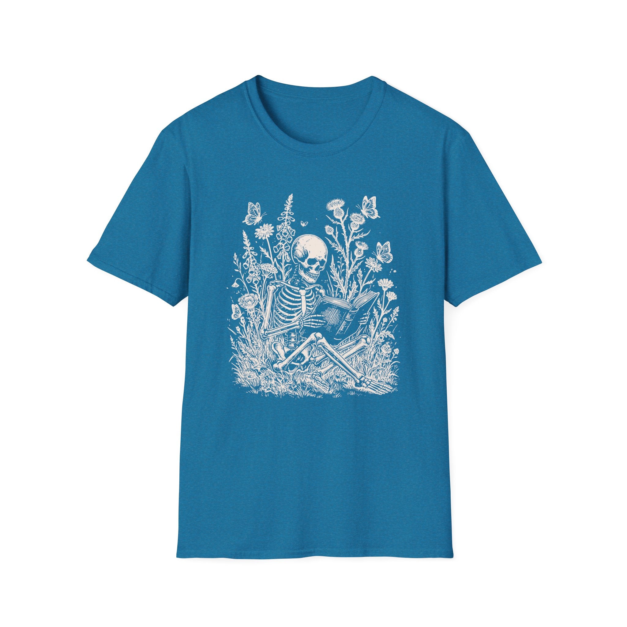 Skeleton Reading in Wildflowers T-Shirt — Gothic Floral Skull Tee