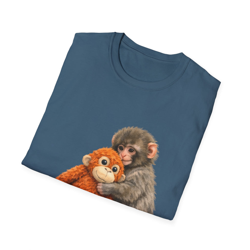 Chimpanzee with Stuffed Monkey T‑Shirt — Cute Baby Ape Holding Plush Tee