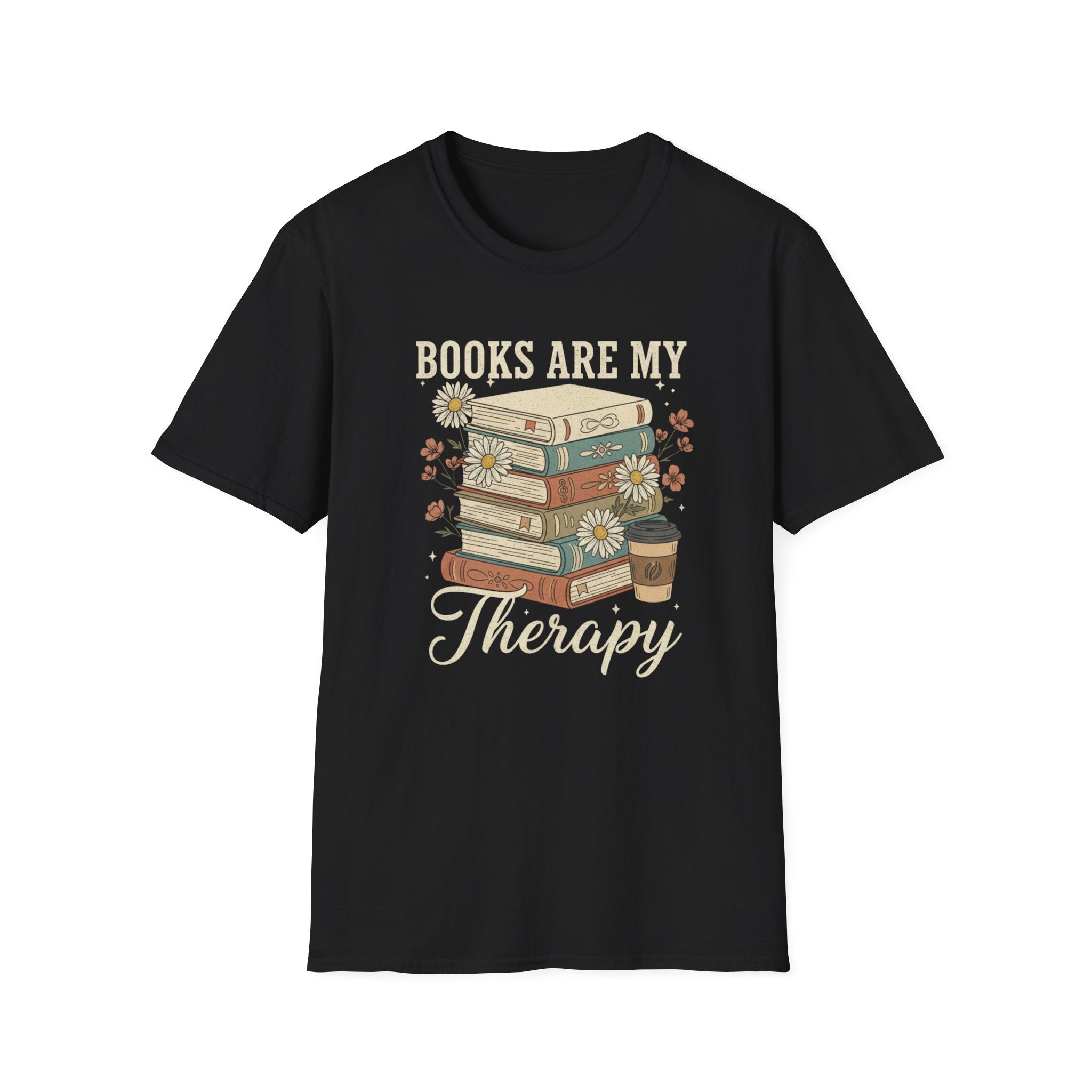 Books Are My Therapy T-Shirt — Stack of Books & Coffee Literary Tee