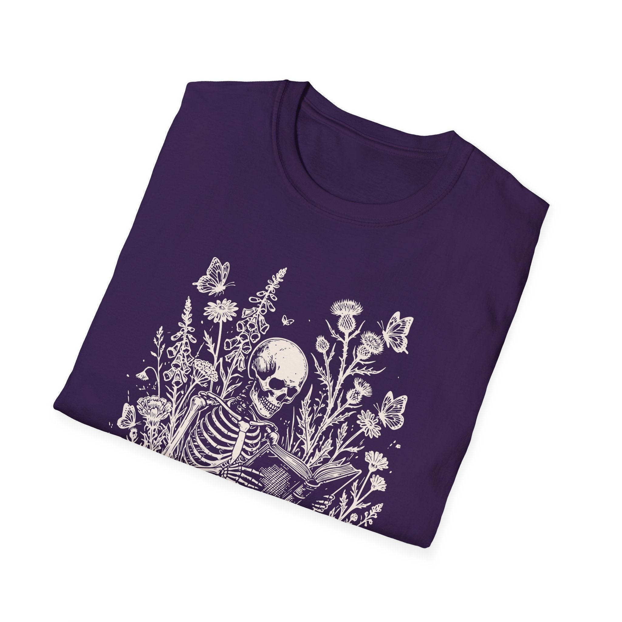 Skeleton Reading in Wildflowers T-Shirt — Gothic Floral Skull Tee