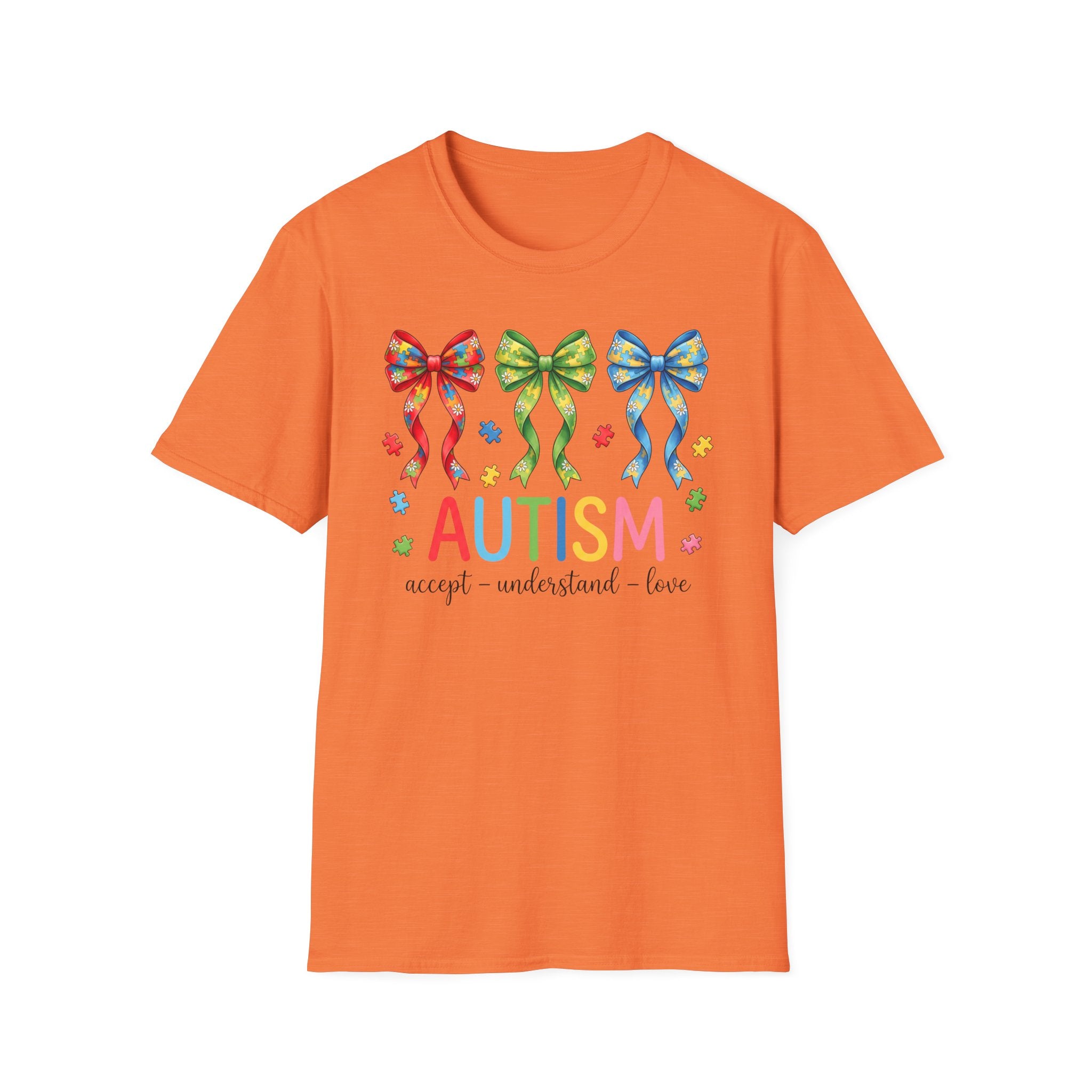 Autism Awareness T-Shirt — "Autism: Accept • Understand • Love" with Colorful Ribbon Bows