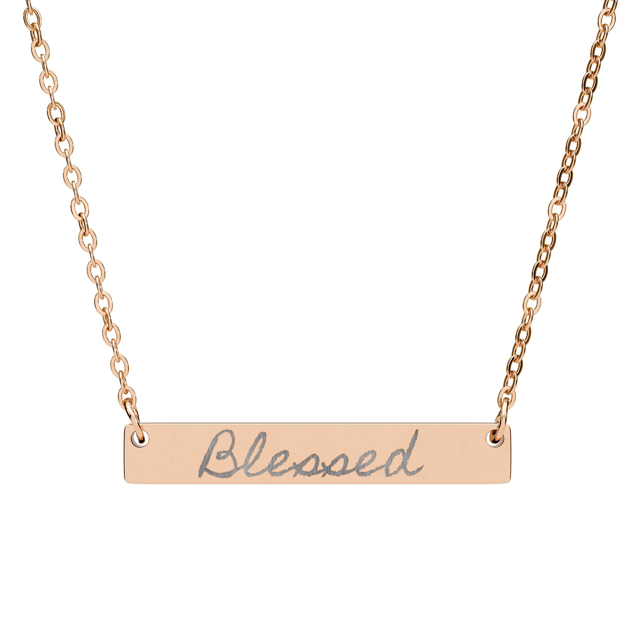 Blessed Engraved Bar Necklace — Personalized Horizontal Nameplate Jewelry (Silver or Rose Gold)