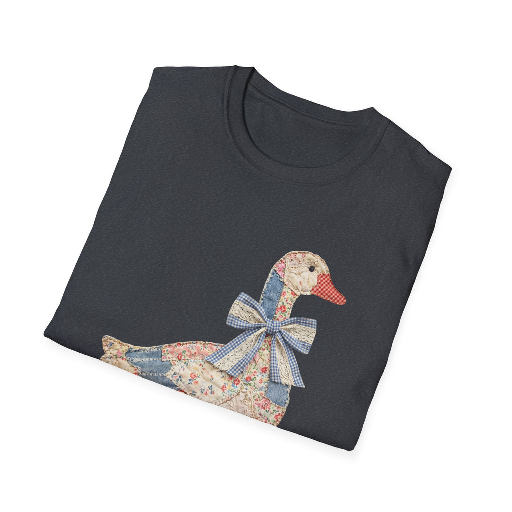 Vintage Patchwork Duck T-Shirt — Cute Floral Goose with Bow Tee