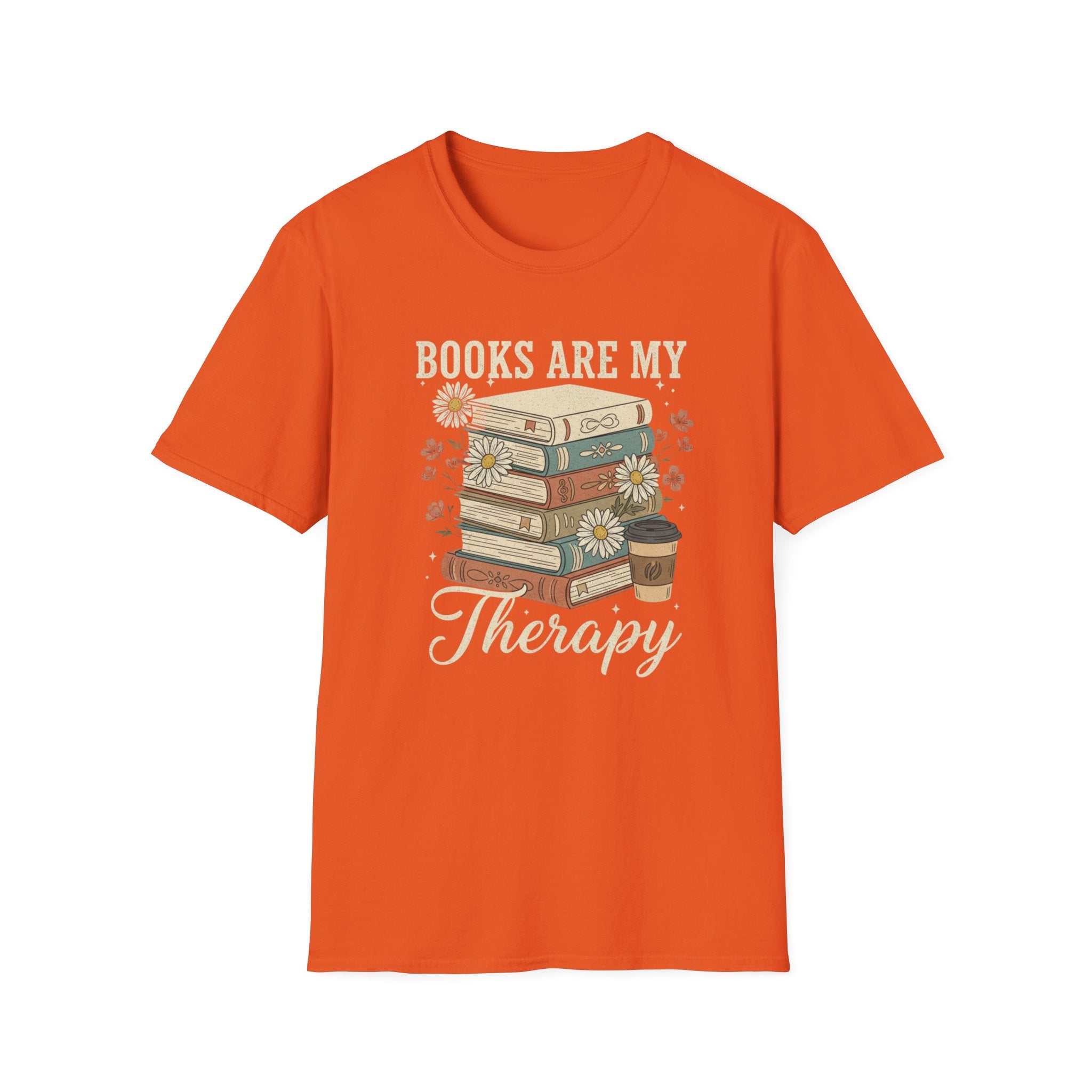 Books Are My Therapy T-Shirt — Stack of Books & Coffee Literary Tee