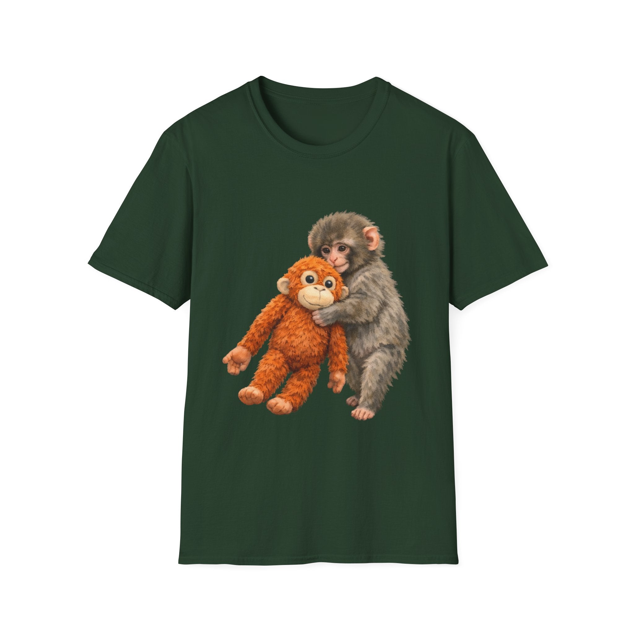 Chimpanzee with Stuffed Monkey T‑Shirt — Cute Baby Ape Holding Plush Tee