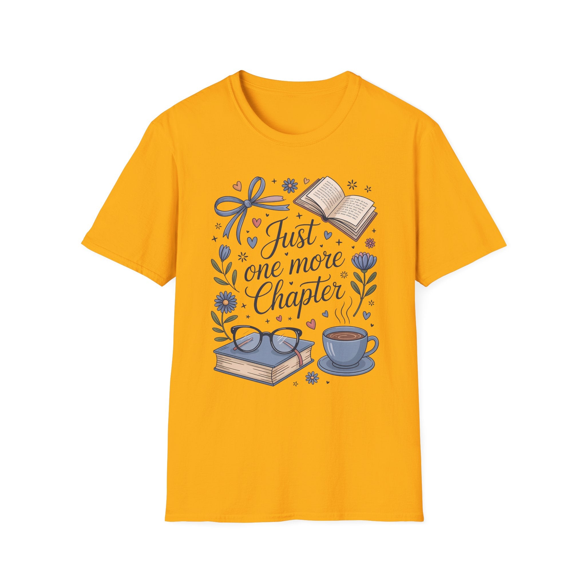 T-Shirt — "Just One More Chapter" Book Lover Tee with Glasses & Coffee