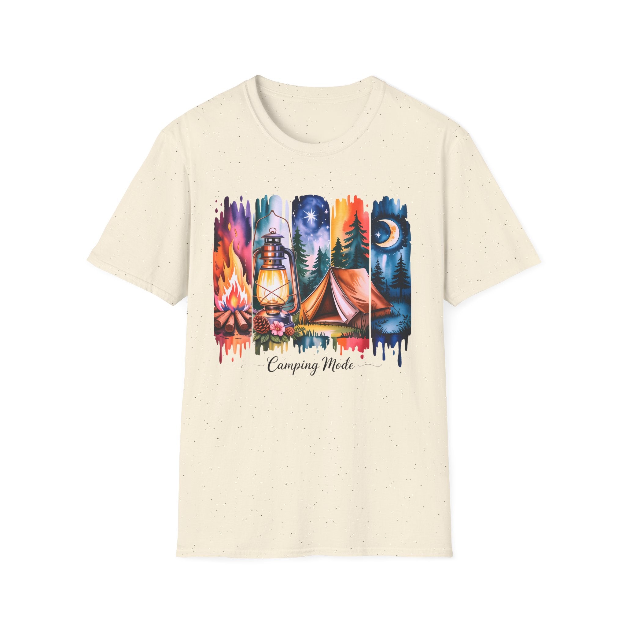 Camping Mode T-Shirt — Watercolor Campfire Lantern Tent Graphic Tee