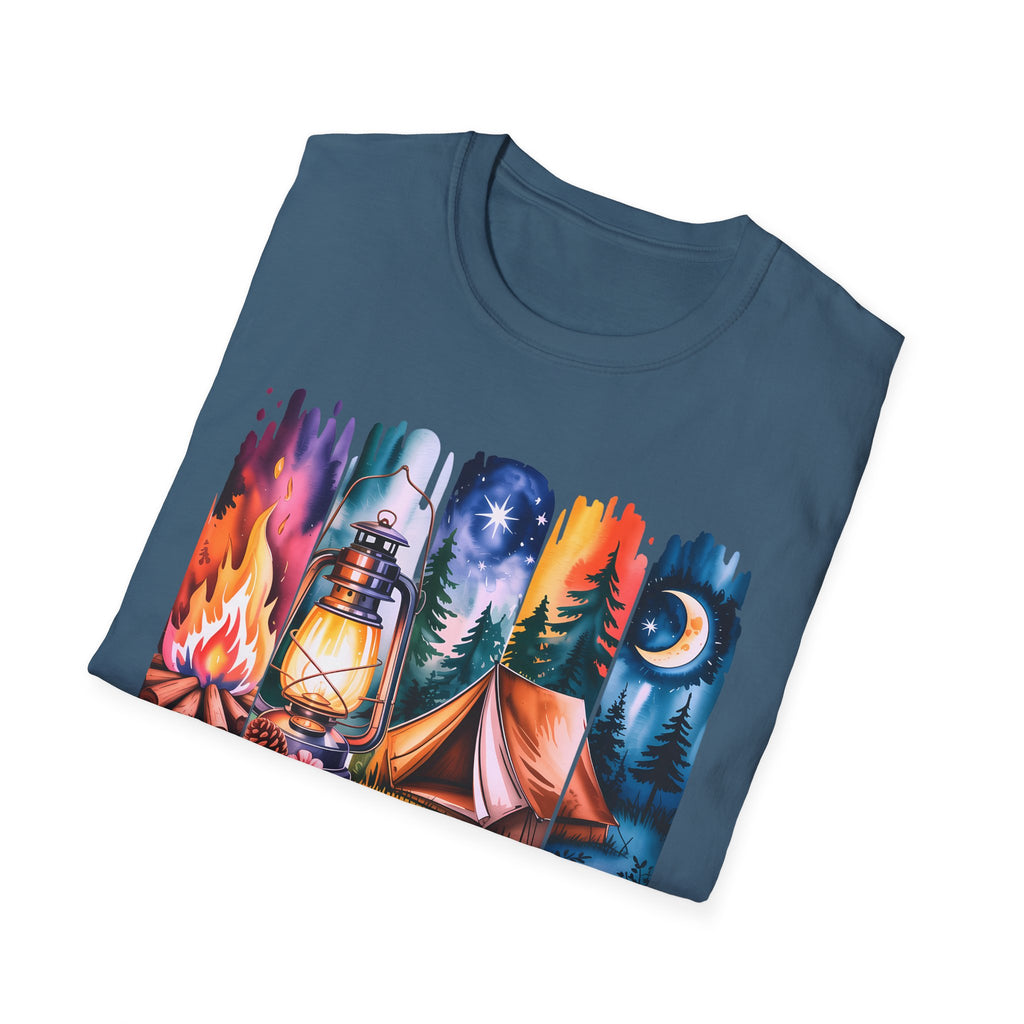 Camping Mode T-Shirt — Watercolor Campfire Lantern Tent Graphic Tee
