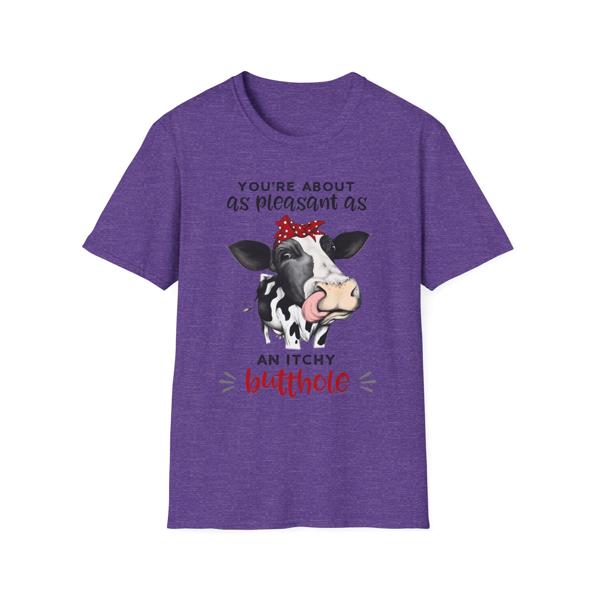 Cow Graphic Tee — "You’re About as Pleasant as an Itchy Butthole" Funny Novelty T‑Shirt