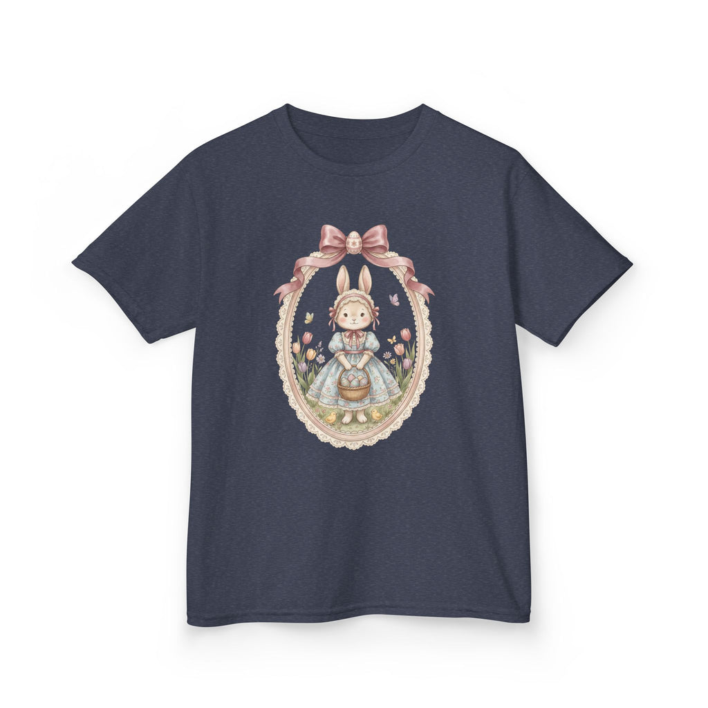 Kids T-Shirt — Vintage Bunny Girl Oval Portrait Tee (Pastel Floral, Bow Accent)