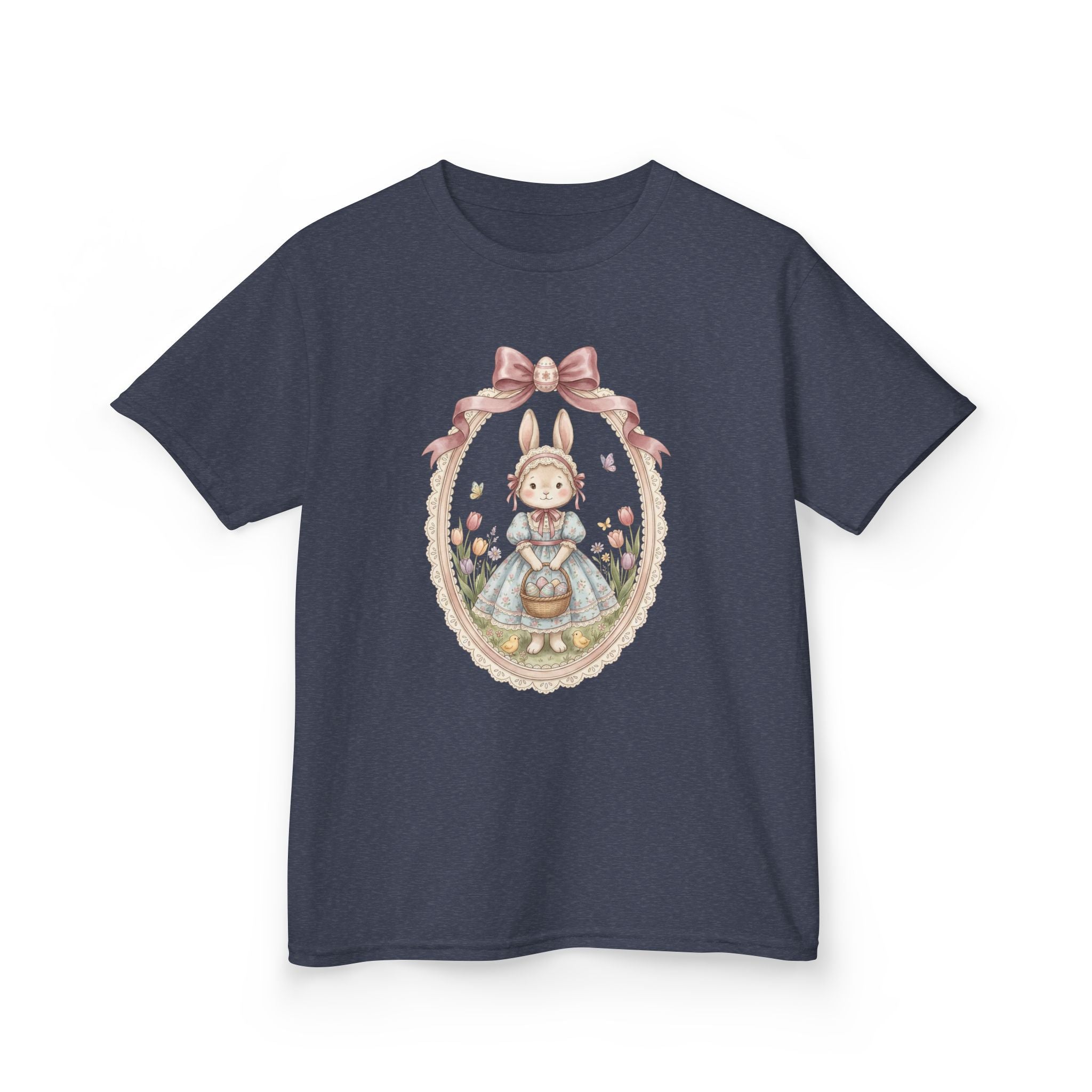 Kids T-Shirt — Vintage Bunny Girl Oval Portrait Tee (Pastel Floral, Bow Accent)