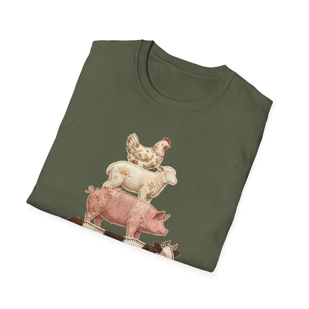 Farm Animal Stack T-Shirt — Vintage Cow, Pig, Sheep & Chicken Graphic Tee