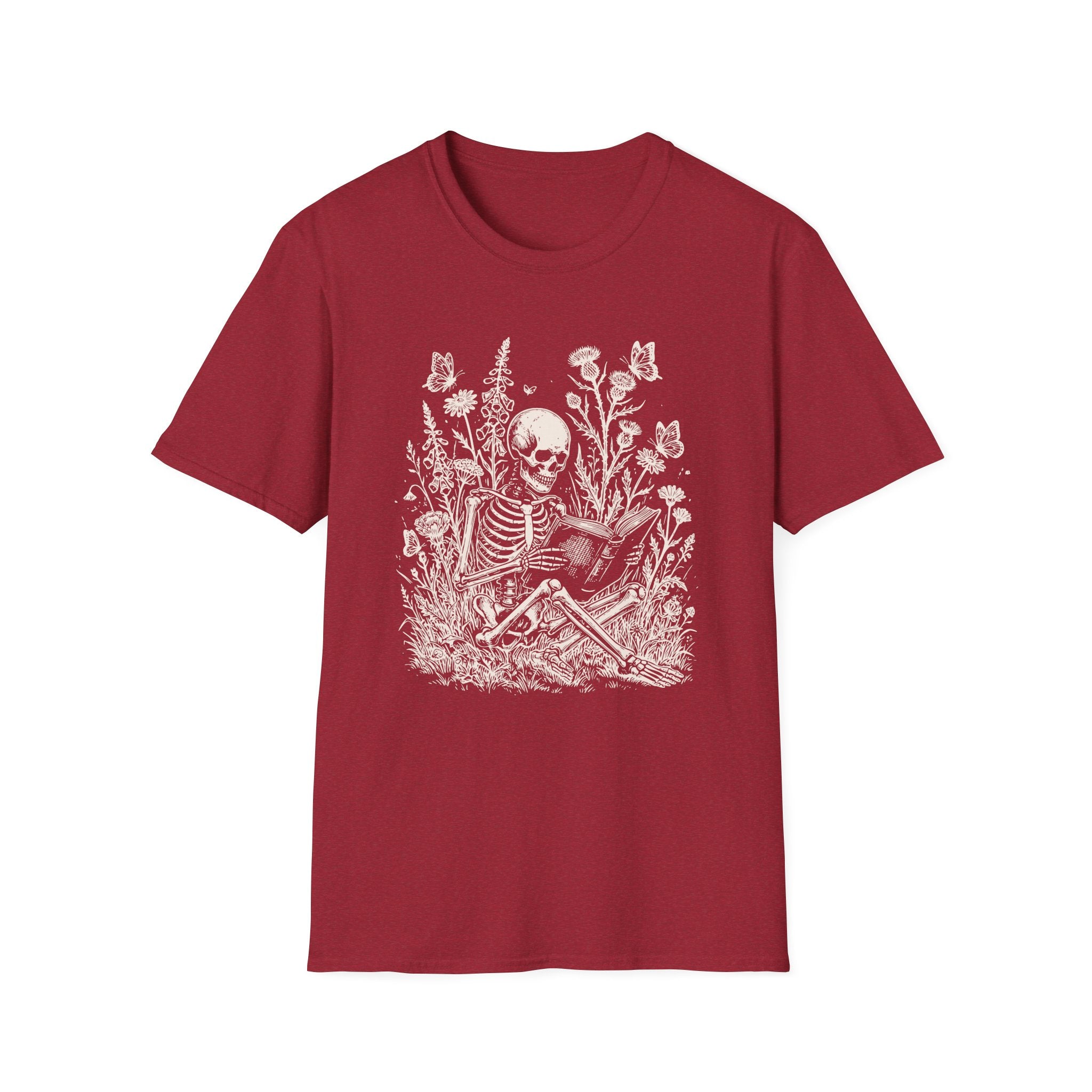 Skeleton Reading in Wildflowers T-Shirt — Gothic Floral Skull Tee