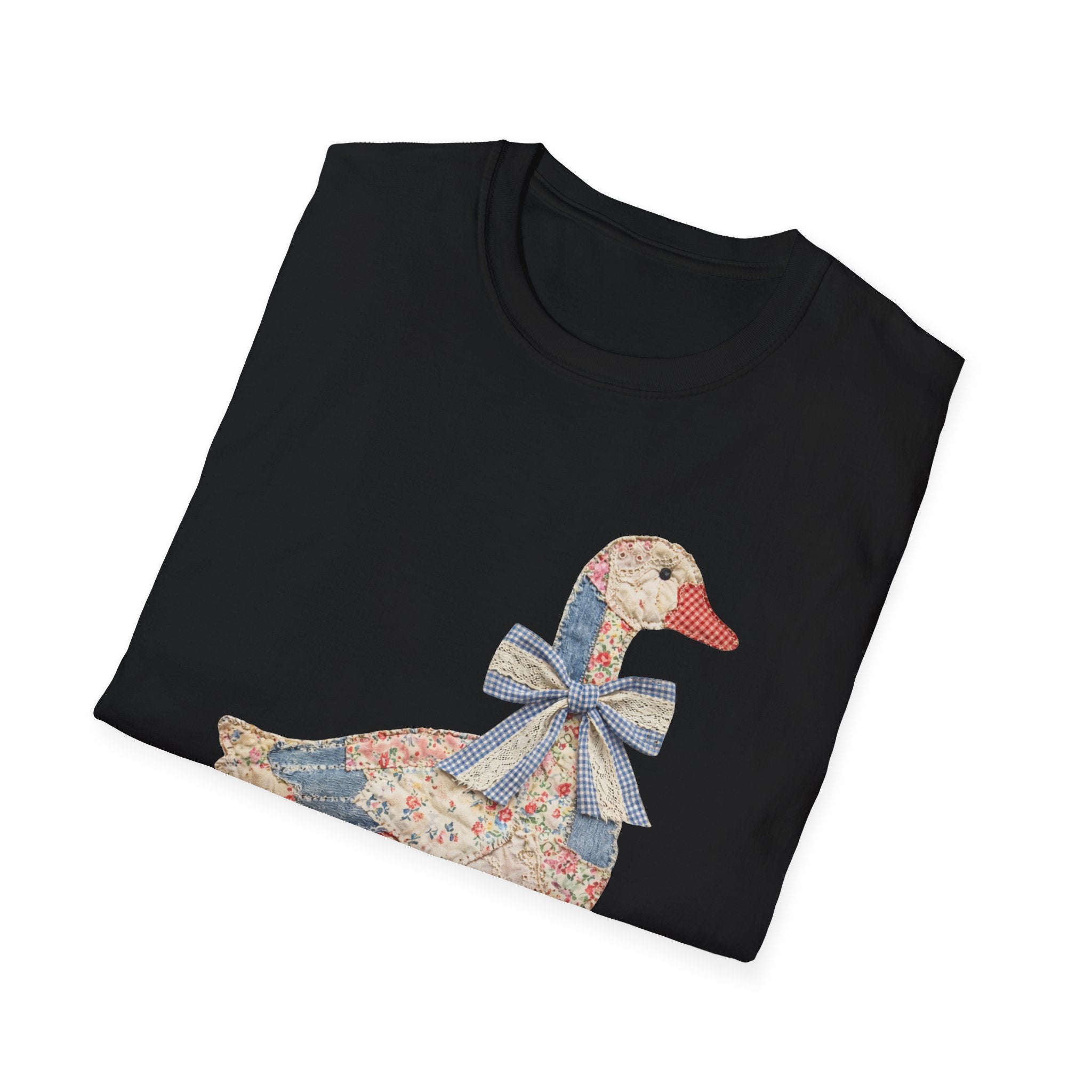 Vintage Patchwork Duck T-Shirt — Cute Floral Goose with Bow Tee