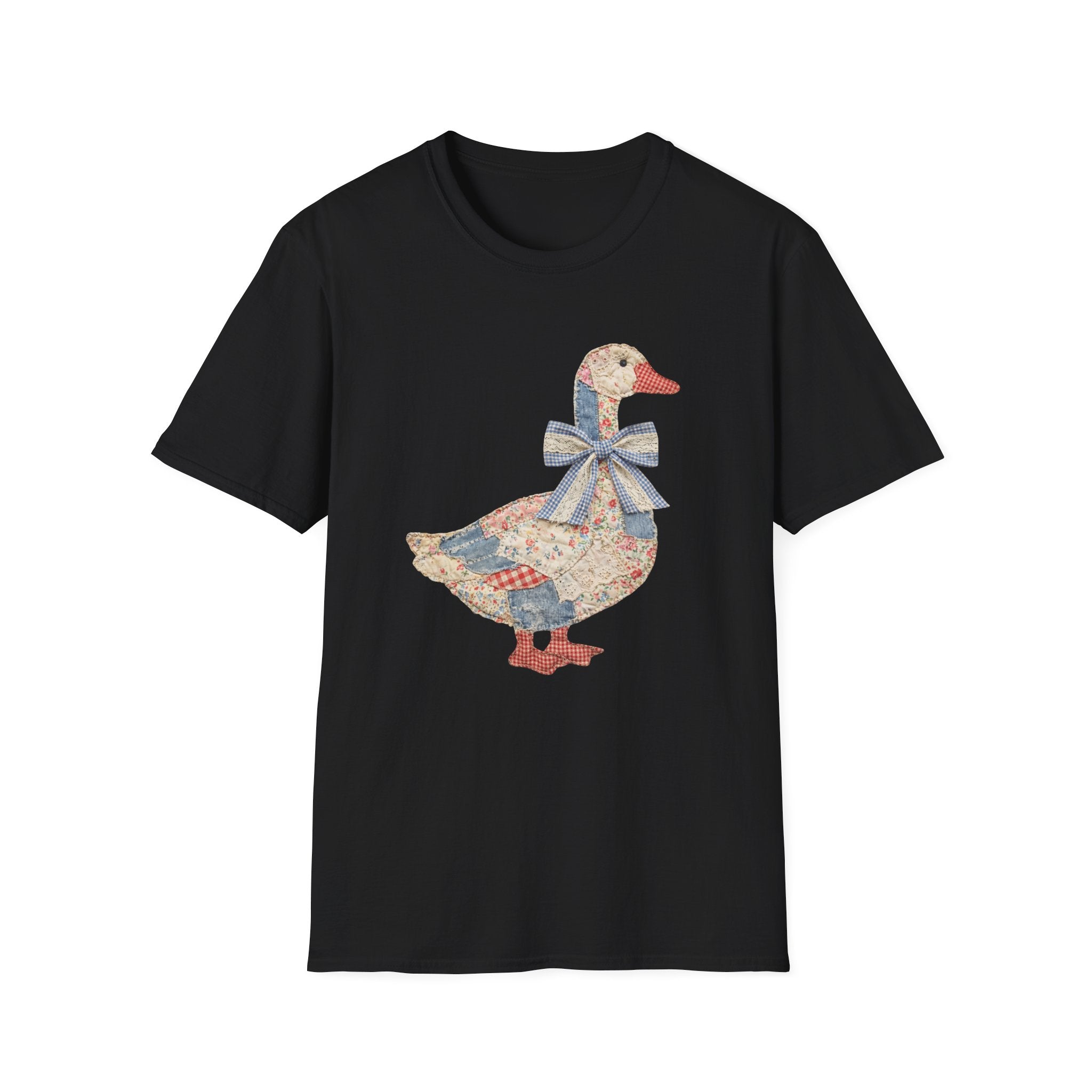 Vintage Patchwork Duck T-Shirt — Cute Floral Goose with Bow Tee