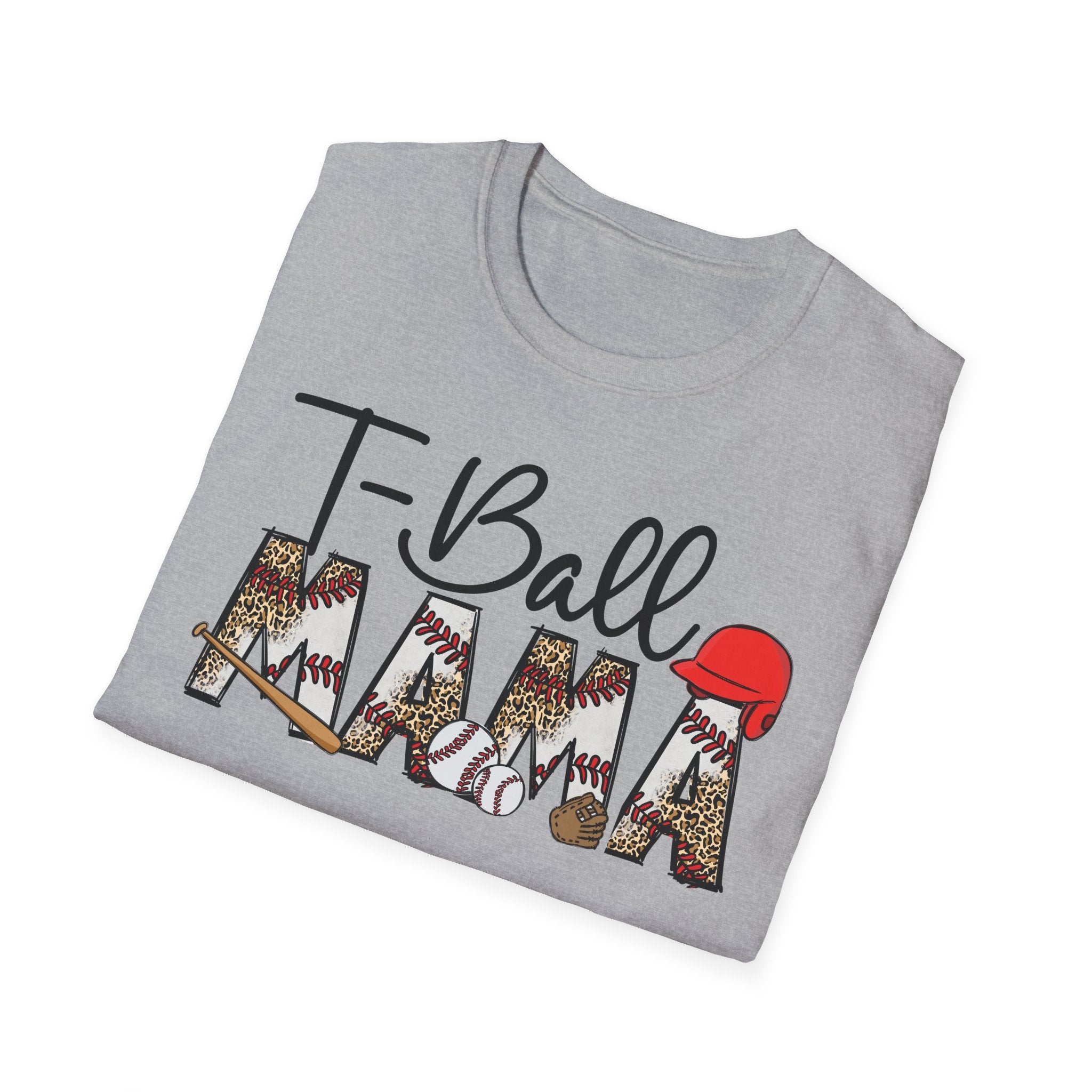 T‑Ball Mama T-Shirt — Leopard Print 'Mama' with Red Cap, Cute Sports Mom Tee
