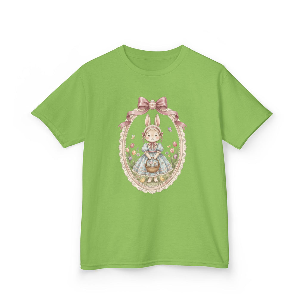 Kids T-Shirt — Vintage Bunny Girl Oval Portrait Tee (Pastel Floral, Bow Accent)