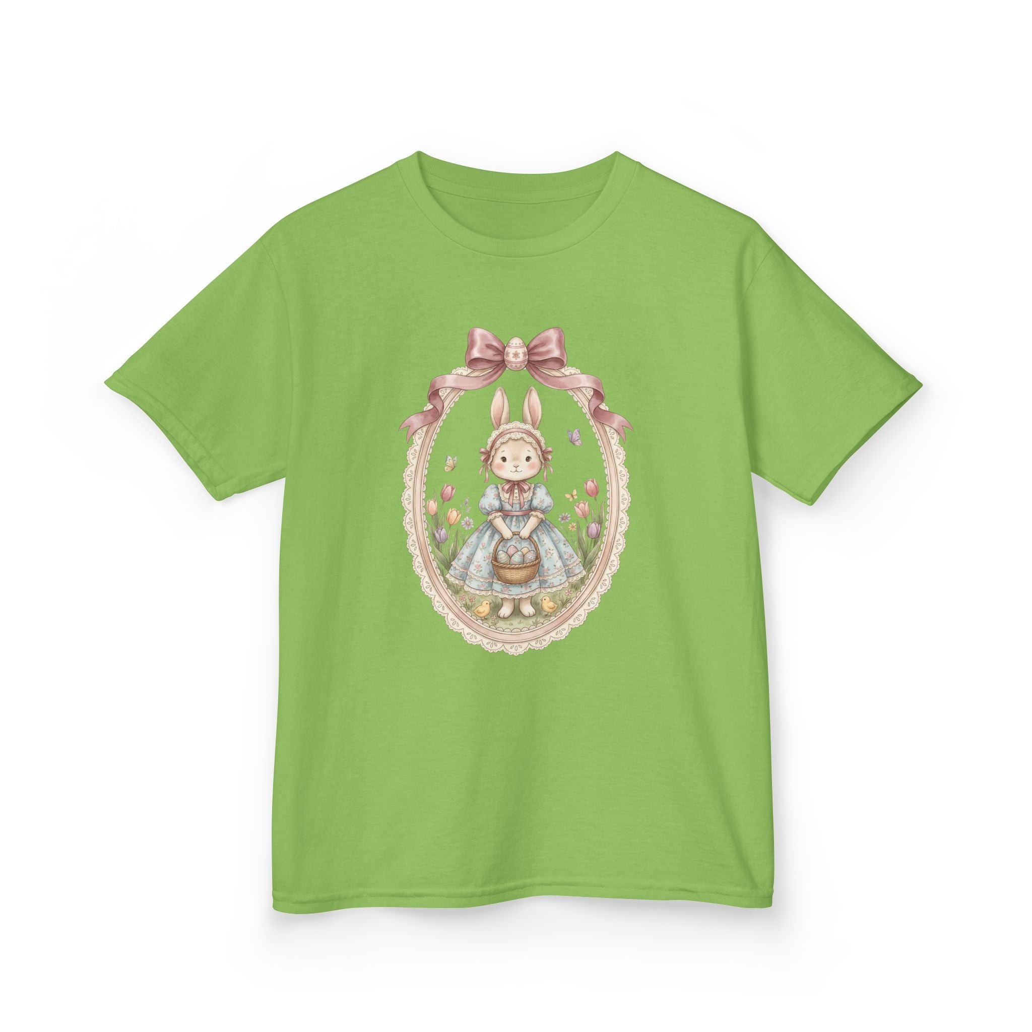 Kids T-Shirt — Vintage Bunny Girl Oval Portrait Tee (Pastel Floral, Bow Accent)