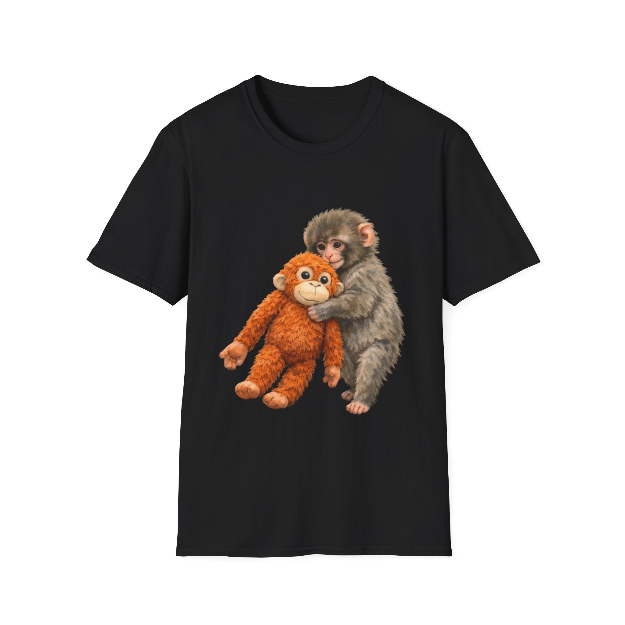 Chimpanzee with Stuffed Monkey T‑Shirt — Cute Baby Ape Holding Plush Tee