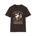 Thrifting Goose T‑Shirt — "Sorry I'm Late I Was Busy Thrifting" Vintage Bike Design