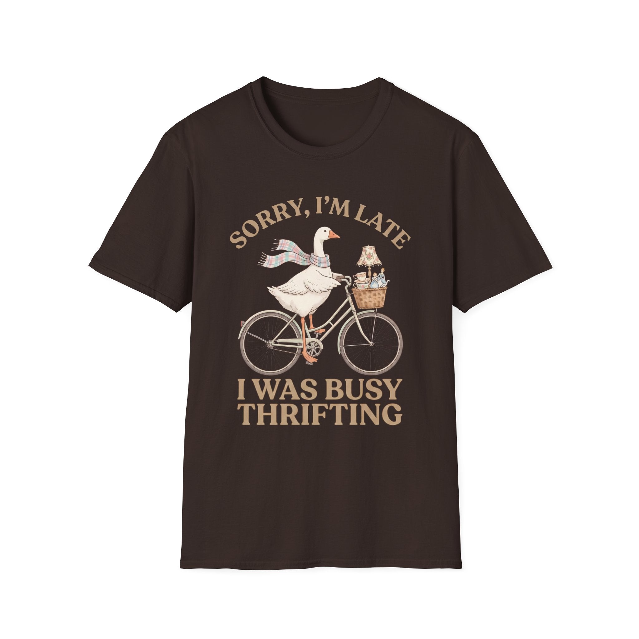 Thrifting Goose T‑Shirt — "Sorry I'm Late I Was Busy Thrifting" Vintage Bike Design