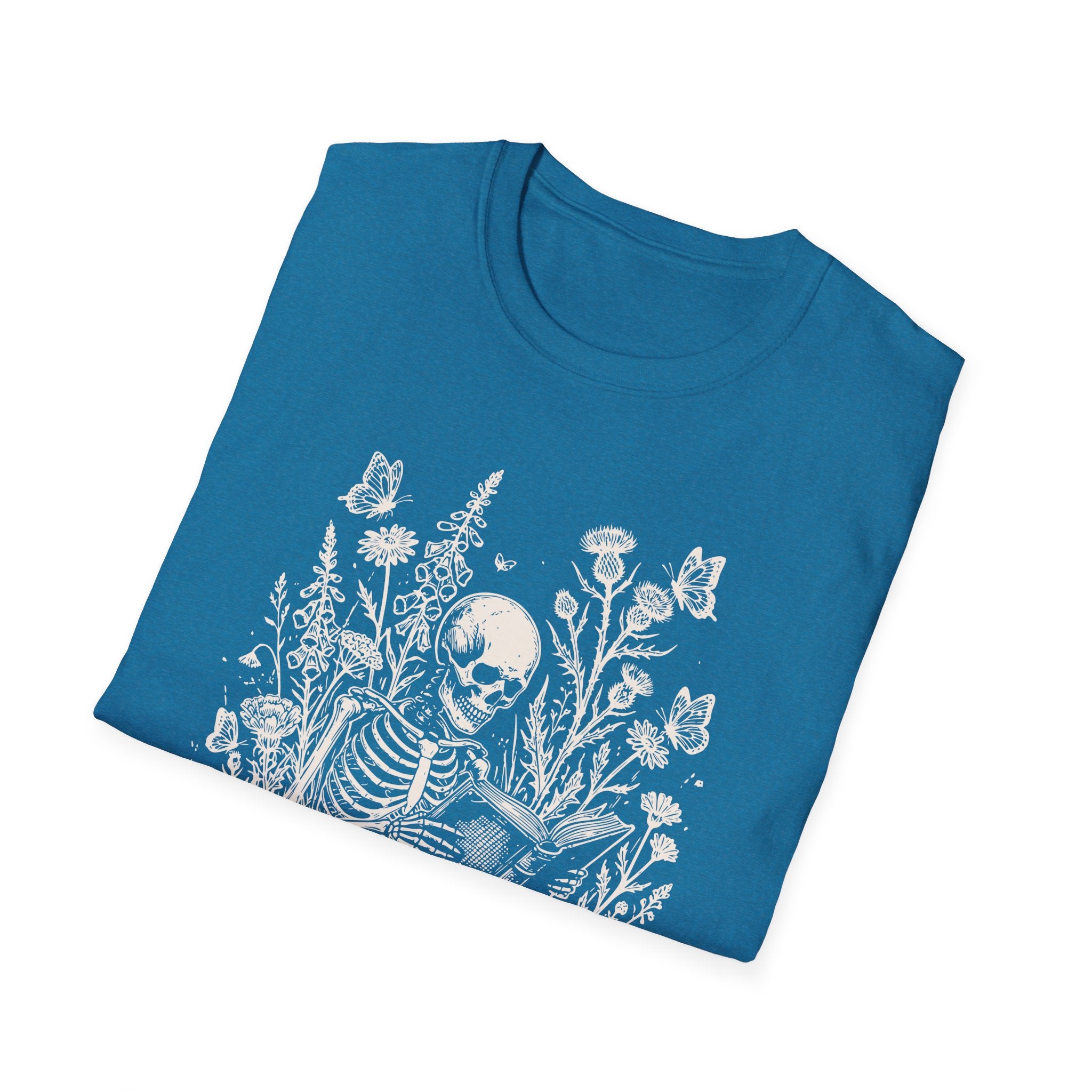 Skeleton Reading in Wildflowers T-Shirt — Gothic Floral Skull Tee