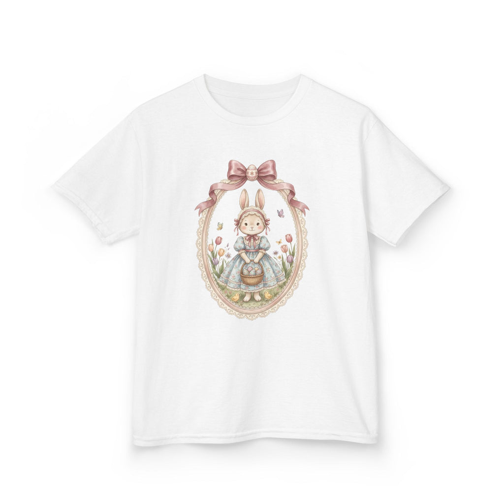Kids T-Shirt — Vintage Bunny Girl Oval Portrait Tee (Pastel Floral, Bow Accent)