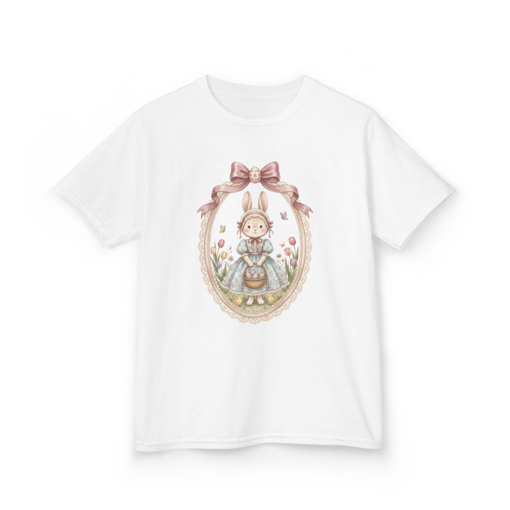 Kids T-Shirt — Vintage Bunny Girl Oval Portrait Tee (Pastel Floral, Bow Accent)