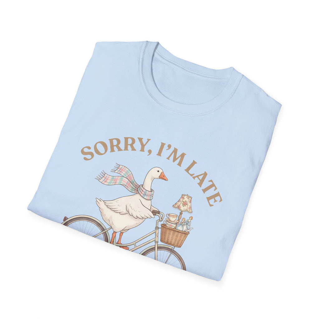 Thrifting Goose T‑Shirt — "Sorry I'm Late I Was Busy Thrifting" Vintage Bike Design