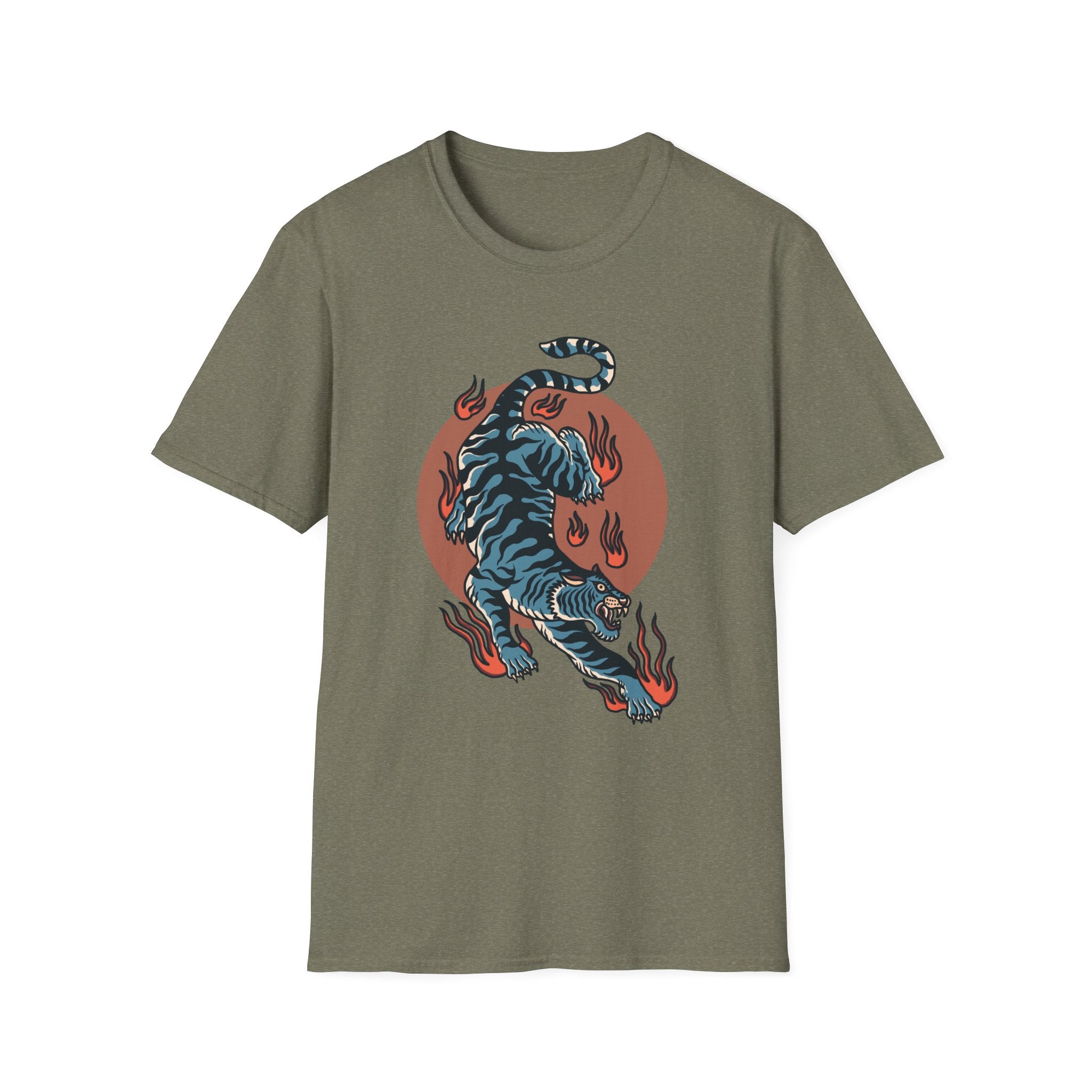 Tiger Blaze T-Shirt — Retro Flaming Tiger Graphic Tee