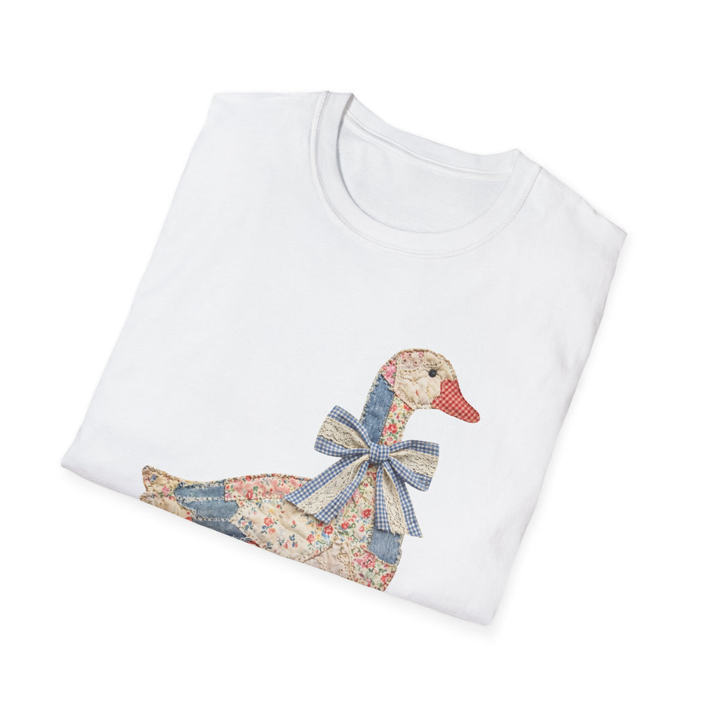 Vintage Patchwork Duck T-Shirt — Cute Floral Goose with Bow Tee