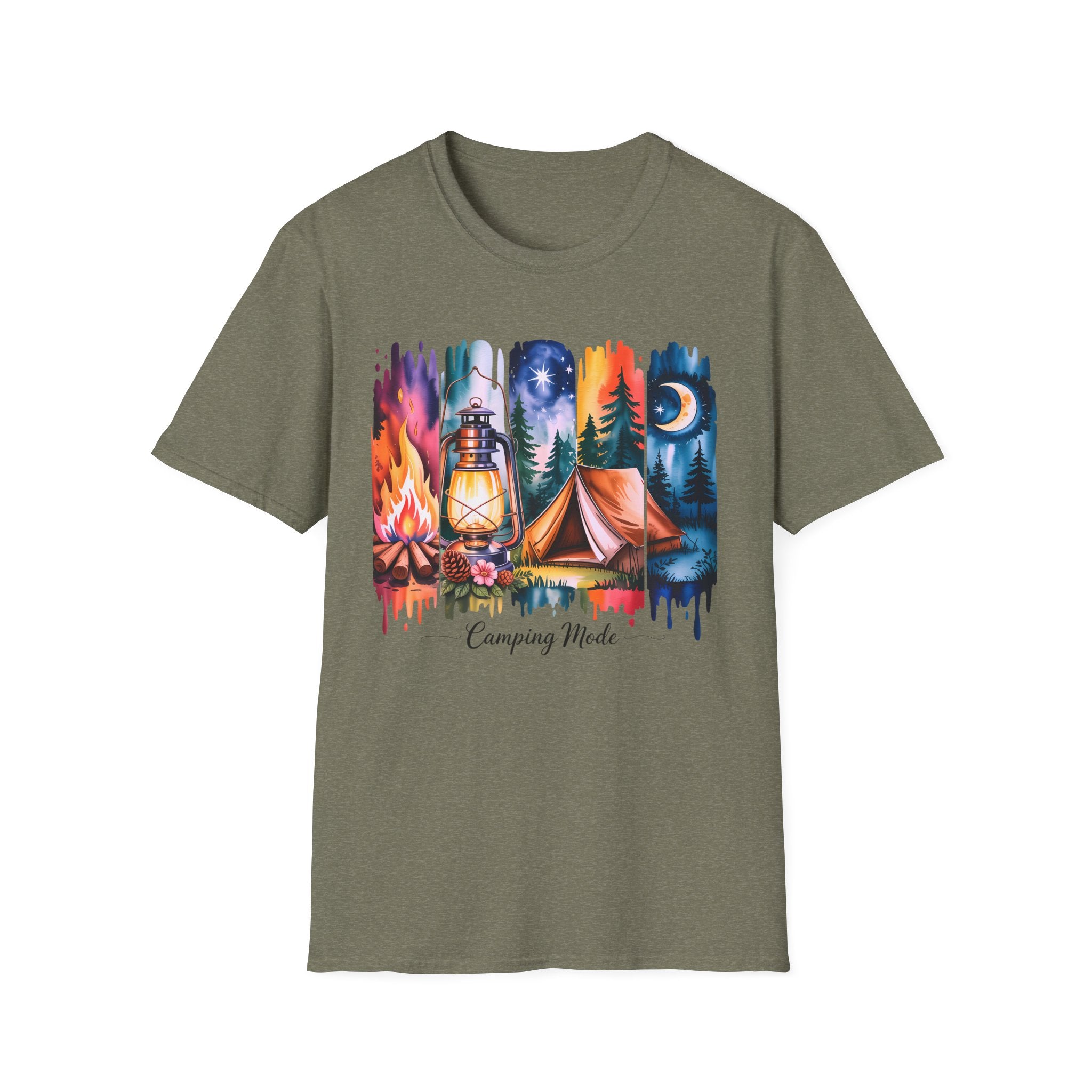 Camping Mode T-Shirt — Watercolor Campfire Lantern Tent Graphic Tee