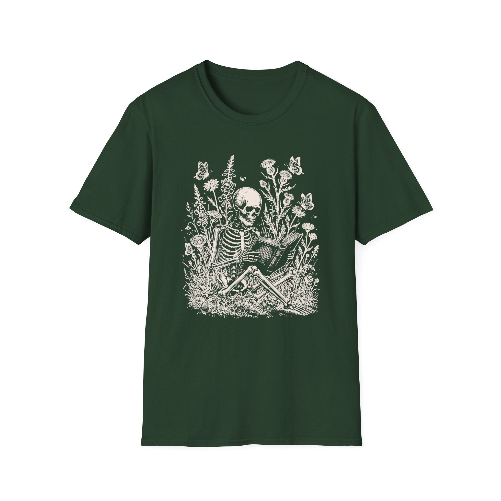 Skeleton Reading in Wildflowers T-Shirt — Gothic Floral Skull Tee