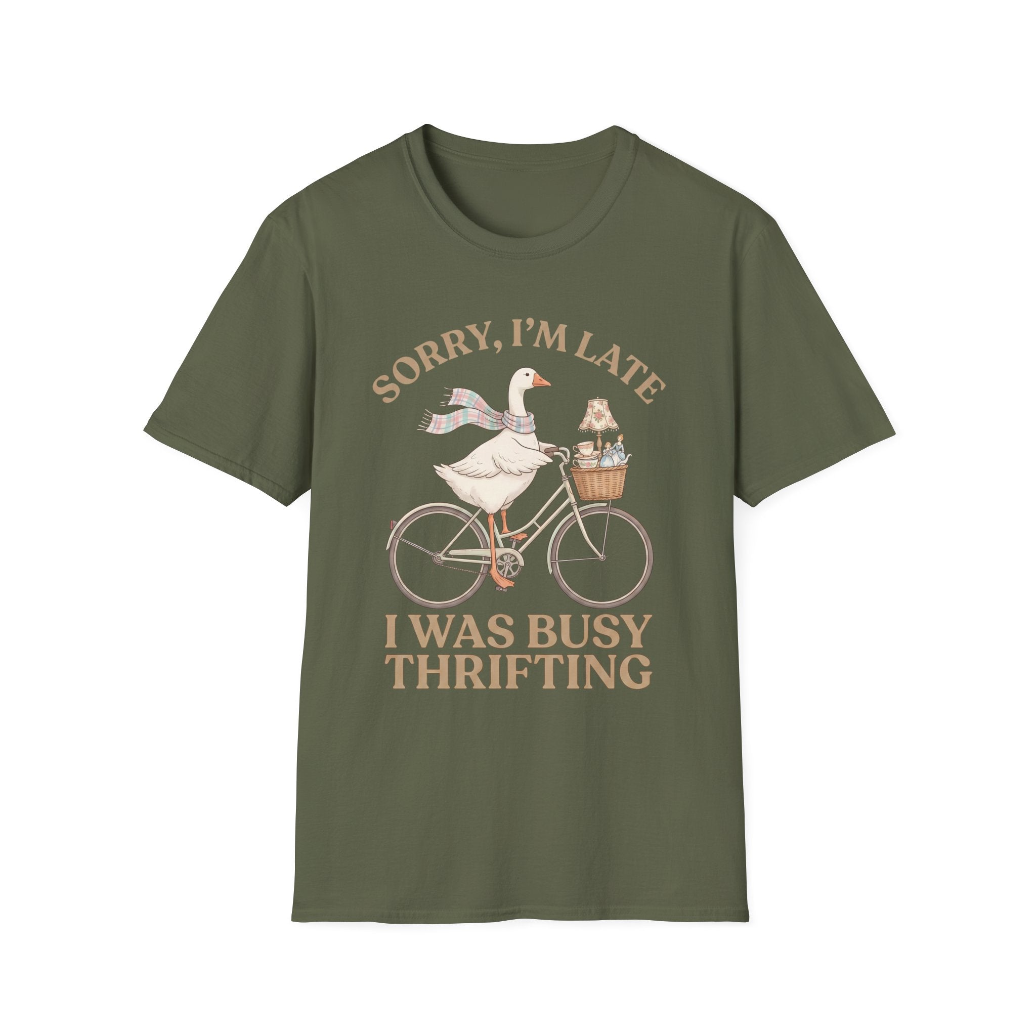 Thrifting Goose T‑Shirt — "Sorry I'm Late I Was Busy Thrifting" Vintage Bike Design