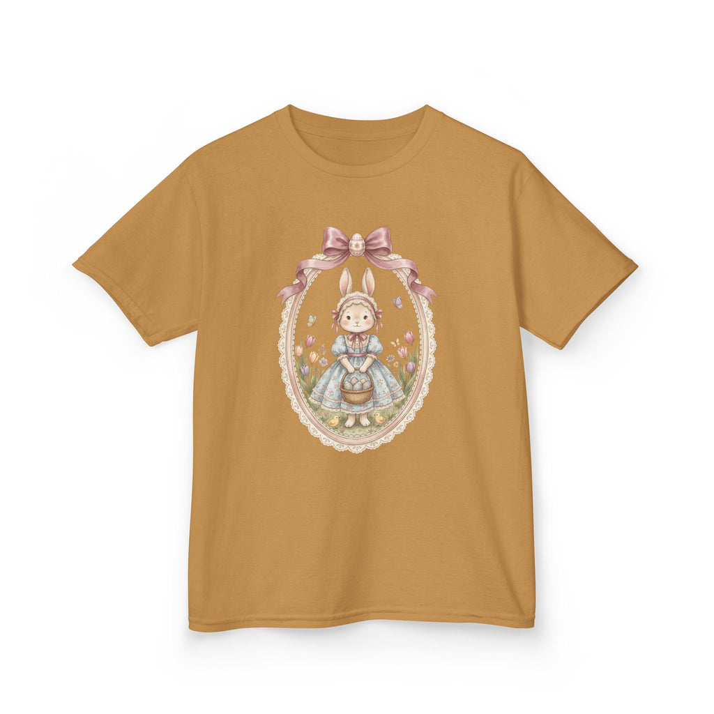 Kids T-Shirt — Vintage Bunny Girl Oval Portrait Tee (Pastel Floral, Bow Accent)